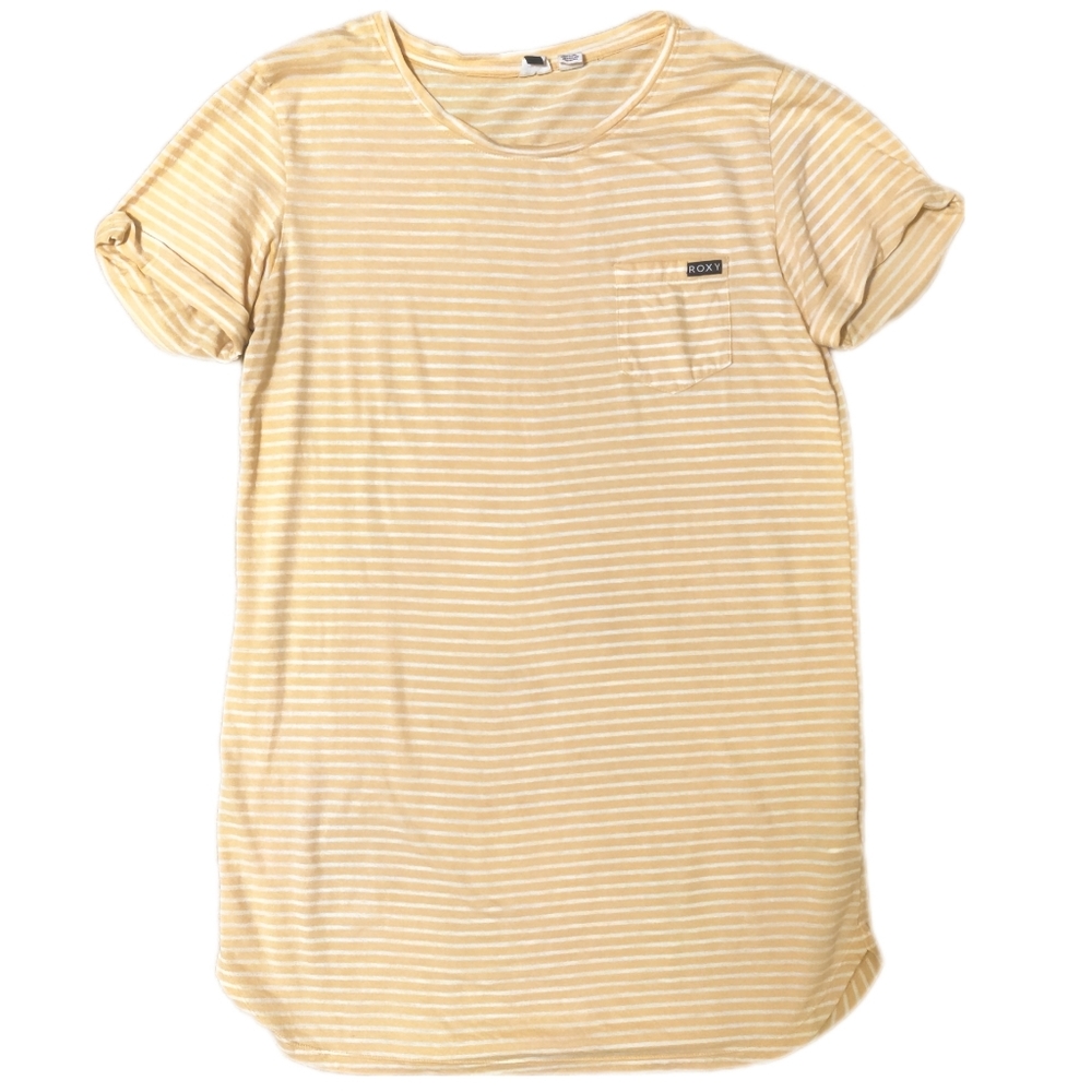 ROXY Yellow & White Striped Pocket Tee / Size Medium, Extra Long